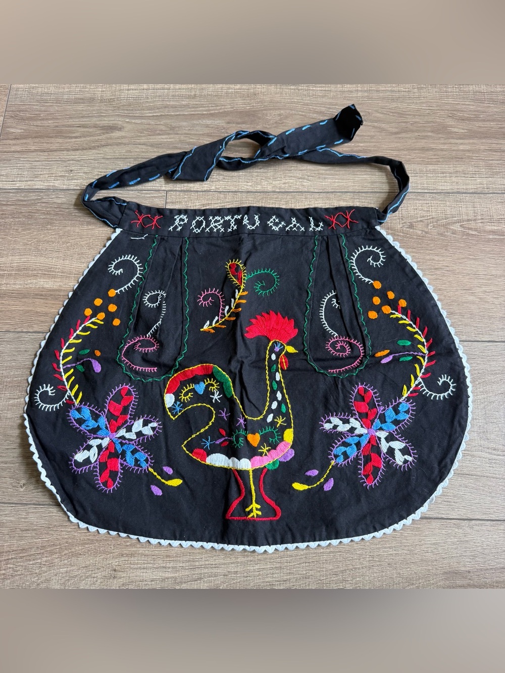 Girls Black Embroidered Folk Art Apron with Colorful Rooster